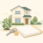 相続した実家の手続きの準備を表す、戸建て住宅と鍵、整理された書類のイラスト
